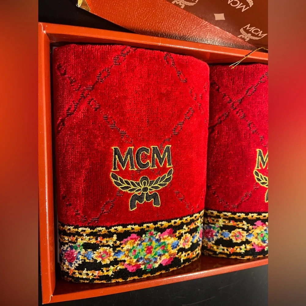MCM set of two hand towels Rich Red Velvet/Floral Trim New in Box